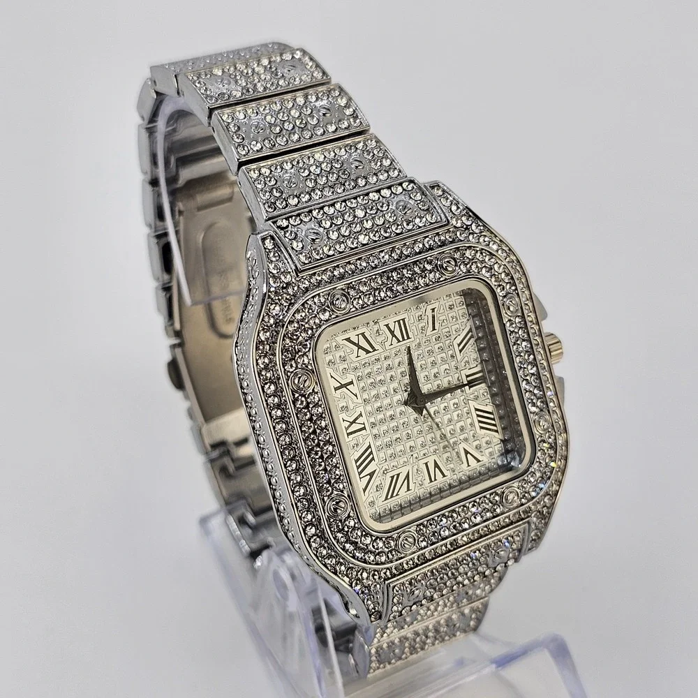Men's Ice Out Square Watch 41MM Gray Dial Gray Bracelet Band 8